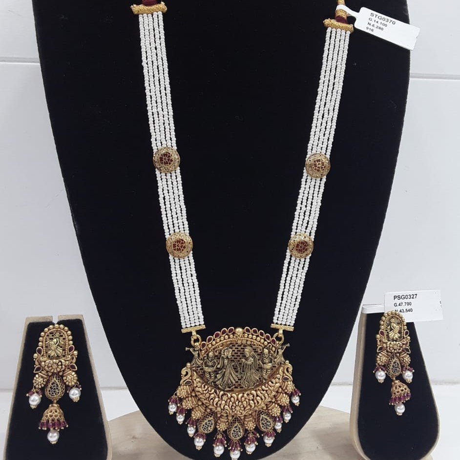 22KT Yellow Gold Designer Antique And Jaipuri Pearl Necklace Set For Women